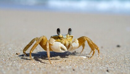a crab on the beach looking straight at the camera