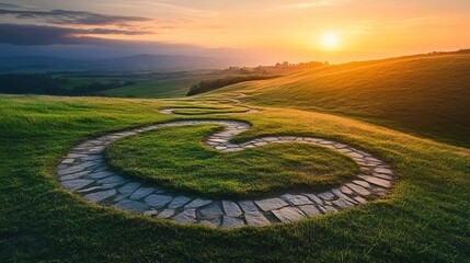 Serpentine Stone Path Winding Through Lush Green Hillside Sunset Landscape Photography Scenic View Picturesque Nature Trail Summer Golden Hour Meadow Rolling Hills Pastoral Scene Tranquil   