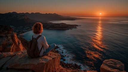 Fototapeta premium Stylish Young Woman Traveler Watching Sunset on Rocky Beach – Cape Greco, Cyprus, Popular European Summer Destination