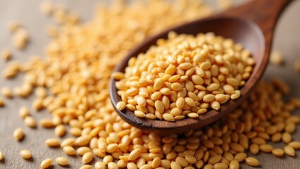 Obraz premium Golden Flax Seeds in Wooden Spoon: Macro Shot of Healthy Linseed for Cooking and Baking