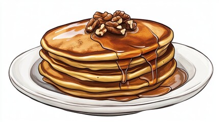 Delicious Stack of Buttery Pancakes Topped with Pecans and Syrup Sweet Golden Brown Breakfast Treat Perfect for Morning Meal Enjoy a Tasty and Wholesome Start to Your Day food fall plate    