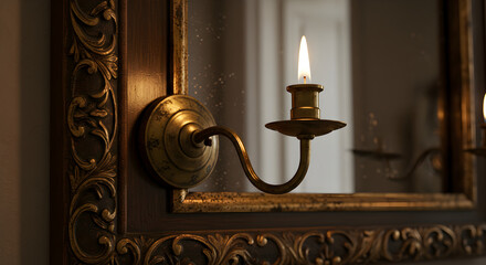 Fototapeta premium Vintage Wall Sconce With Candle Reflecting in Elegant Mirror Frame