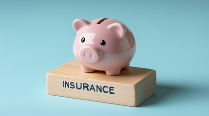 Piggy bank on a wooden block labeled 'Insurance'. Concept of protecting personal savings and reducing insurance costs