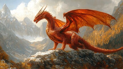 Majestic orange dragon perched atop rocky peak overlooking autumnal mountain range