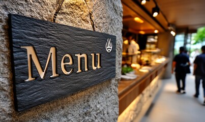 Restaurants Menu sign hangs on stone