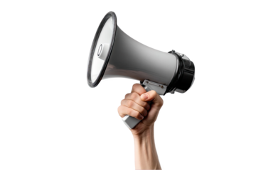 Hand holding a loud megaphone for public announcement news tool grey gray on transparent background