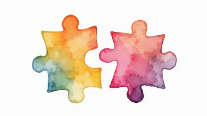 Obraz premium Watercolor Puzzle Pieces: Colorful Connection & Teamwork Concept. Abstract Jigsaw Symbol for Autism Awareness, Integration & Problem Solving