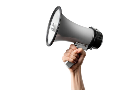 Hand holding a loud megaphone for public announcement news tool grey gray on transparent background