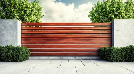 Modern wooden fence with concrete pillars, garden landscaping, property protection