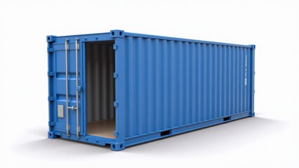 Blue Shipping Container with Open Door: Empty Cargo Container for Freight Transport and Global Trade Industry.
