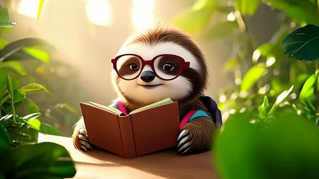 Sloth with Glasses Reading a Book in the Forest with Soft Lighting and Verdant Foliage