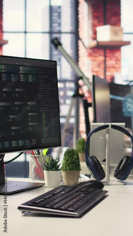 Poster vertical video visual coding interface active on a modern dual monitors setup, running ai brain base