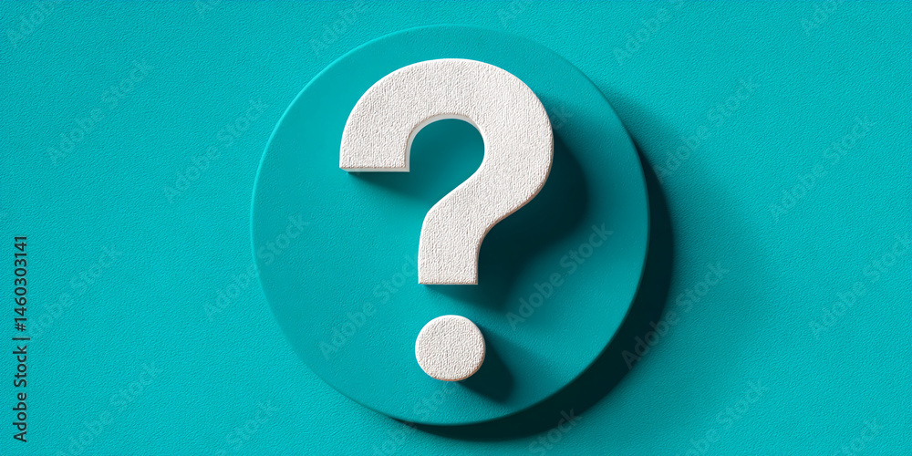 Poster white question mark on teal circle, simple design symbolizing inquiry, uncertainty, or faq concept
