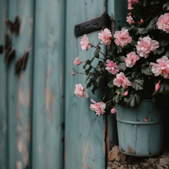 Antique garden door with hanging pink flowers and butterfly decor