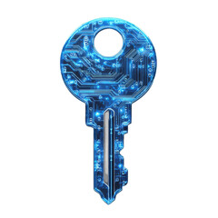 Volumetric illustration of a digital key showcasing intricate circuit patterns in vibrant blue colors