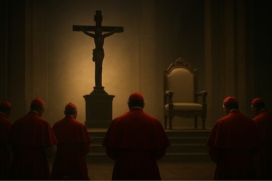 Cardinals praying for election of the new pope in front of the empty Papal throne, with dimm lighting