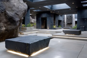 This image depicts an elegant entrance area featuring modern minimalist design, soft lighting and raw stone elements, creating a welcoming and sophisticated ambiance.