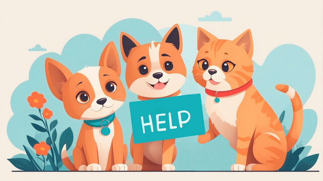 Two puppies and a kitten holding a help sign