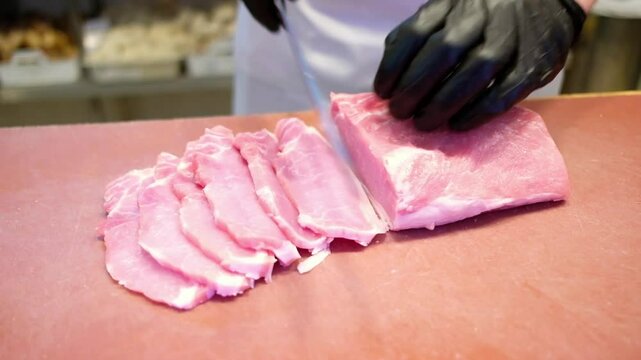 Butcher slicing pork loin on cutting board