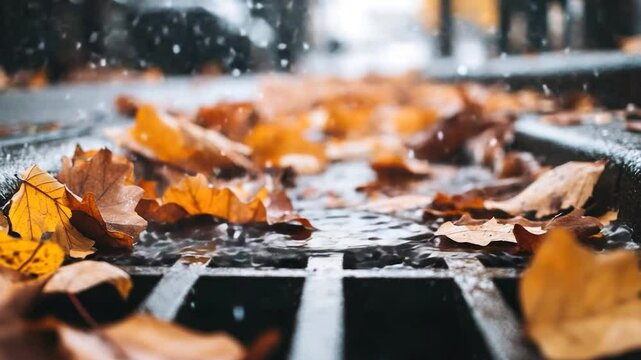 Autumn leaves in a rainy street gutter