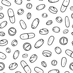 Seamless vector pattern of pills, capsules, and tablets in black and white. Hand drawn line art with vintage medical and pharmaceutical elements. Ideal for healthcare themed textiles and packaging