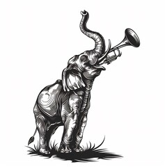 Minimalist silhouette Elephant raising trunk trumpet call clean vector lines main color black accent color none simple background