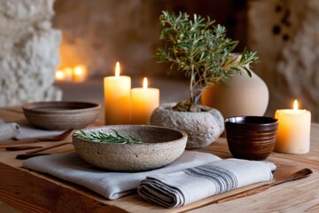 An inviting outdoor table arrangement with a focus on natural elements like herbs and soft candle light, ideal for gatherings and outdoor dining experiences.