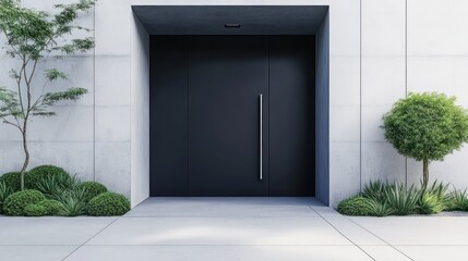 Home entrance. A large black door, plants aside, at a modern concrete facade