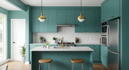 Modern Kitchen Interior With Teal Cabinets And Gold Accents Design