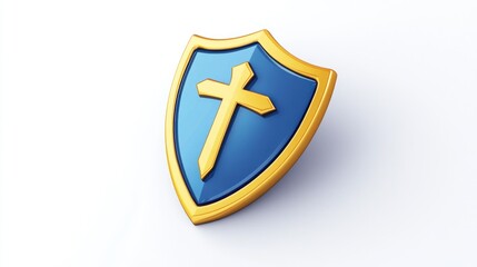 Blue and gold shield with cross, white background, faith protection concept, religious graphic