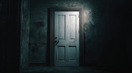 Dim, aged room with a weathered door