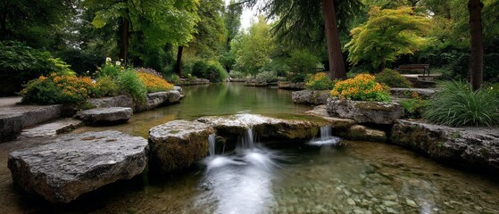 Naklejka premium Serene garden stream with flowering banks