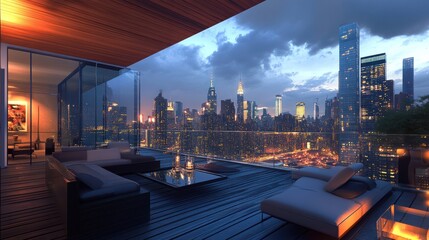 Relaxing on a rooftop lounge overlooking the city skyline at dusk. For lifestyle