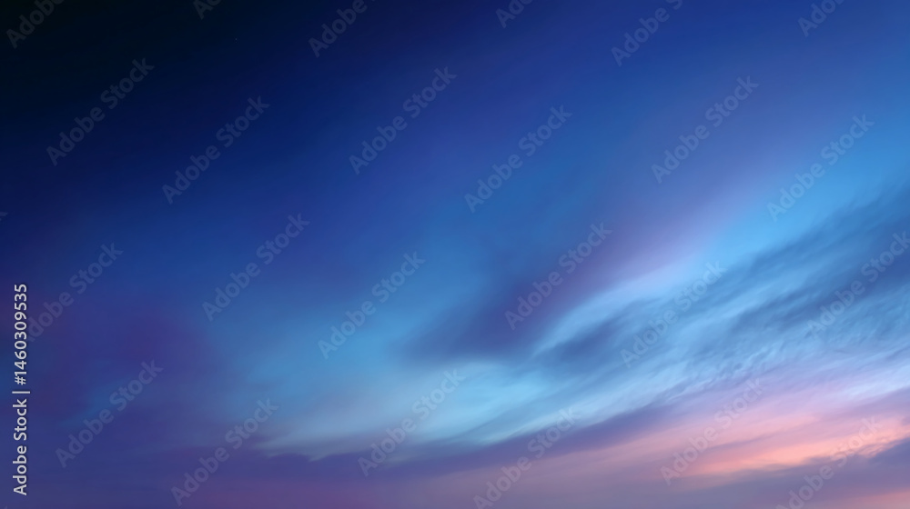 Poster blue and pink twilight sky with soft clouds, evokes serenity and calmness, ideal for tranquil design