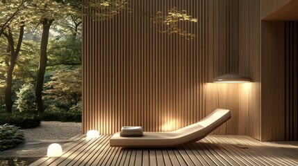 Relaxing lounge chair on wooden deck near forest for wellness resort promotion