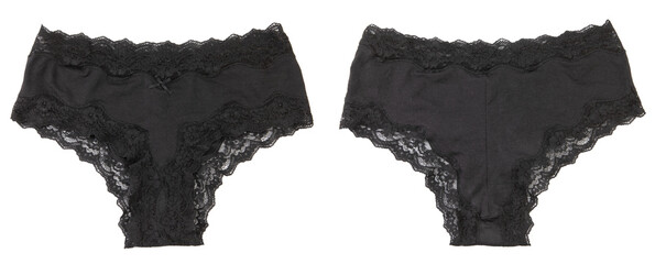 Two black lace panties are shown side by side