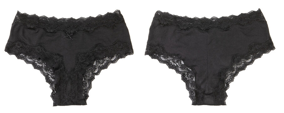 Two black lace panties are shown side by side
