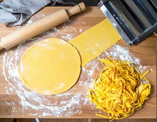 Homemade Yellow Pasta Dough On Wooden Board With Rolling Pin And Pasta Machine