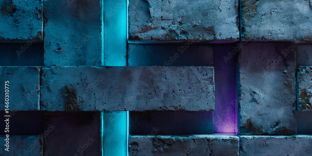 Poster Dark blue stone blocks illuminated by teal and purple neon lights, creating a textured, abstract background ideal for showcasing products or as a design element