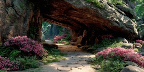Obraz premium Moonlit Cave Path with Floral Night Scene for Fantasy Game Background