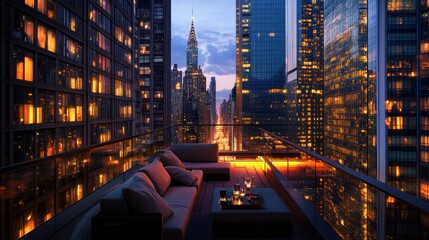 Evening view from rooftop terrace in city, relaxation, financial district backdrop