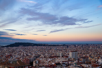 Sunrise Over Barcelona Skyline. Spain background