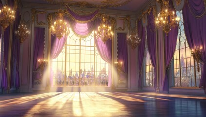 Obraz premium Grand ballroom, bathed in golden sunlight, overlooking a charming cityscape. Rich purple drapes and gilded chandeliers adorn the room