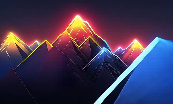 Vibrant Neon Mountains with Abstract Peaks Glowing Underneath a Rich Night Sky Video Animation
