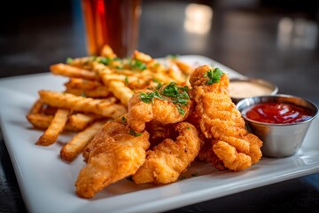 A plate features crispy fried fish pieces with fresh herbs alongside golden crinkle-cut fries and dipping sauces. The setting highlights a relaxed dining atmosphere