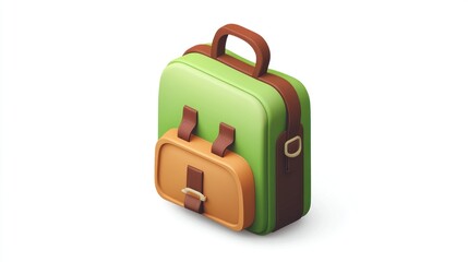 Green backpack, school supplies, isometric view, white background, education