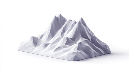 Low-poly mountain range model, white background, design element