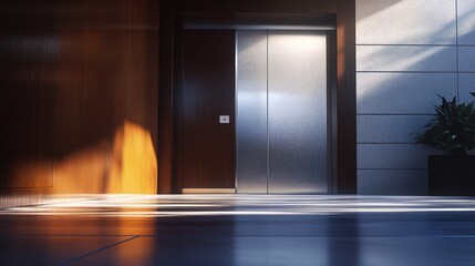 Elevator in modern building, sunlight reflection, architectural and stylish space