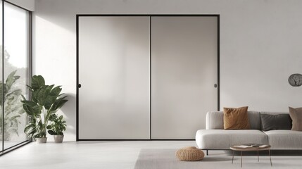 Sliding door in modern living room. Plants by window, sofa with cushions. Interior