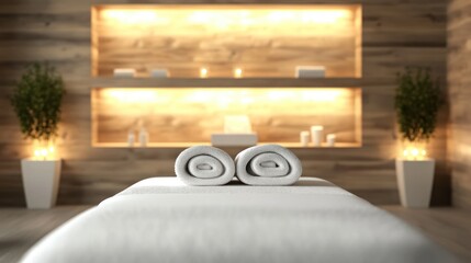 Spa room with rolled towels on massage table, aromatherapy in background, relax